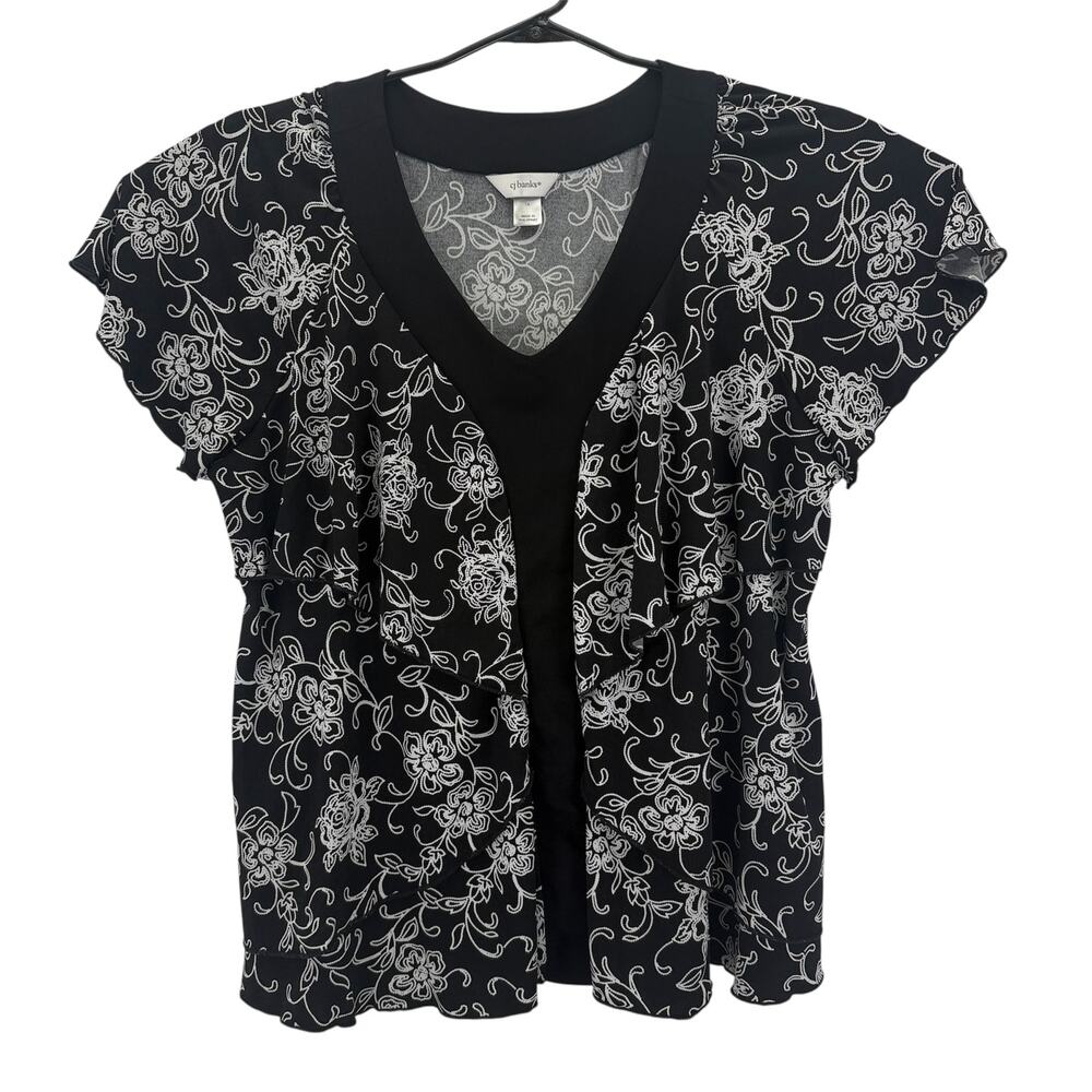 CJ Banks Black White Floral Polyester Spandex Sleeveless Top Womens 1X Shirt